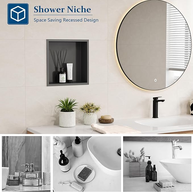 Neodrain 12X12Inch Shower Niche in Wall, Gun Metal Stainless Niche NO Tile Needed Recessed Cubby Shelf Shower for Bathroom Storage