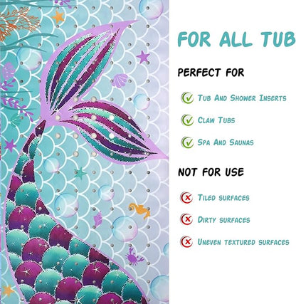 Mermaid Bathtub Mat Non Slip, Cute Baby Bath Mat for Tub Rubber Tub Mat, Kids Bath Mats for Bathroom Little Girls Anti Slip Shower Mat with Suction and Drain Holes Machine Washable, 40″X16″