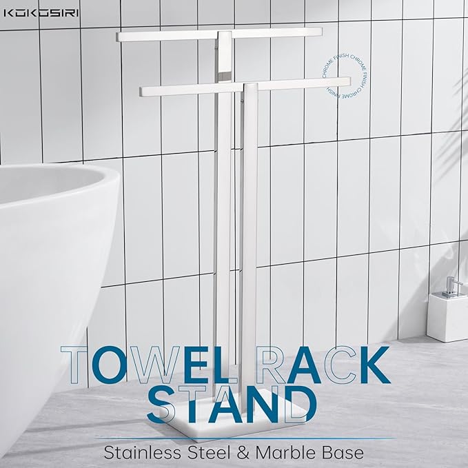 KOKOSIRI Bathroom Towel Rack 2-Tier Standing Towel Bars with Marble Base, Stainless Steel Freestanding Towels Holder, Thicken Steady Design, Polished Chrome THS0003-CH