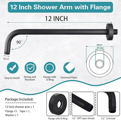 12 Inch Shower Arm with Flange,Stainless Steel 90 Degree Rain Shower Head Extension Arm,Wall-Mounted Shower Head Arm for Fixed Shower Head,Matte Black