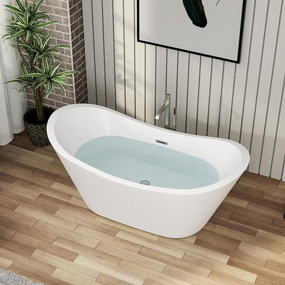 59 Inch Acrylic Freestanding Soaking Bathtub - Mocoloo Contemporary Soaking White Tub Stand Alone Bathtub with Overflow and Drain