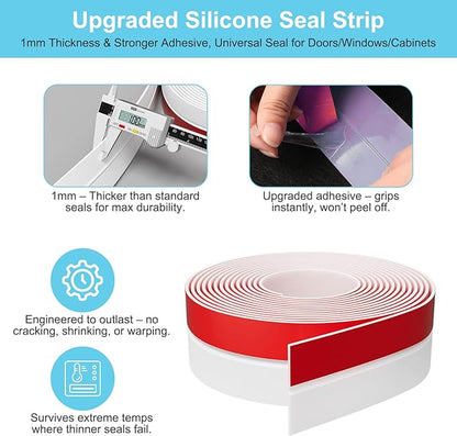 Heavy-Duty 20 ft x 1 in Weather Stripping, Door Draft Stopper Silicone Seal Strip for House and Glass Shower Doors for Collision and Side Gaps of Door and Windows, White