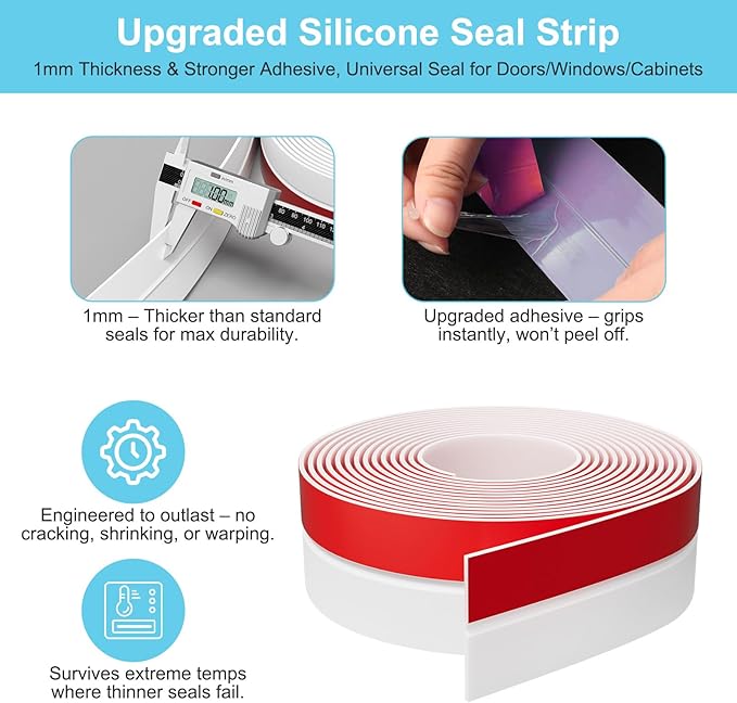 Heavy-Duty 20 ft x 2 in Weather Stripping, Door Draft Stopper Silicone Seal Strip for House and Glass Shower Doors for Collision and Side Gaps of Door and Windows, White