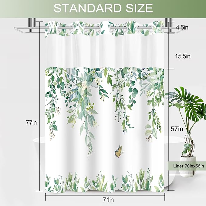 No Hook Shower Curtain and Liner Set, Light Green Eucalyptus Floral Shower Curtains for Bathroom, Bath Curtain Sets with Snap in Liner, Waterproof with See Through Top Window, 71x77 Inches