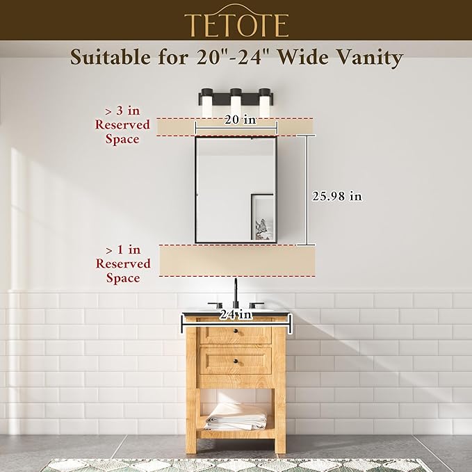 TETOTE 20" x 26" White Medicine Cabinet with Stepless Adjustable Shelves Beveled Mirror with Storage for Bathroom Vanity Recessed or Surface Wall Mount