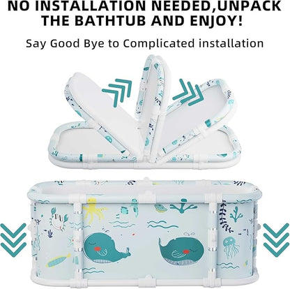 Portable Bathtub, 47“ Foldable Bathtub-Installation Free, 7 Layers Thicken with Metal Support, Therapy Tub for Shower Stall Fold Up Soaking Bath Tub, Hot SPA, Ice (Wonder Ocean D1)