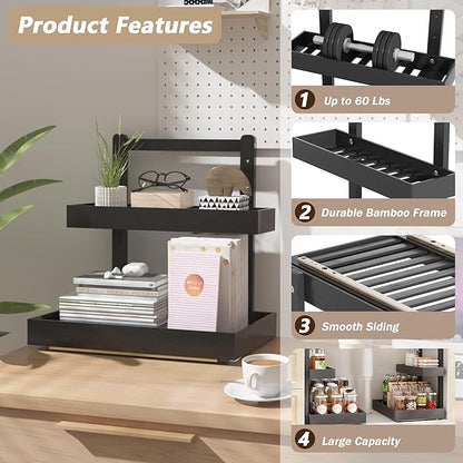 Bamboo Under Sink Organizer and Storage, 2 Tier Pull Out Cabinet Organizer, Slide Out Under Sink Storage Shelf, Undersink Organizers Shelves for Kitchen Bathroom Organization (Black, 1 Pack)