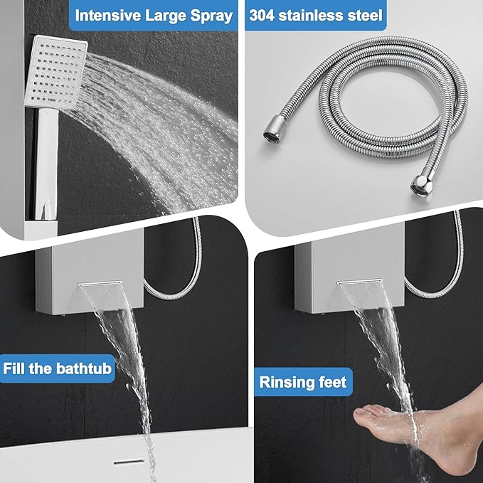 ROVOGO Shower Panel Tower System with Led Lights, Rainfall Waterfall Shower Head, 2 Big Body Jets, Handheld and Tub Spout, Stainless Steel Shower Column Brushed
