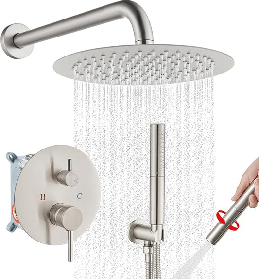 Airuida Shower Fixtures 2 Functions Shower Faucet Set Wall Mounted for Bathroom High Pressure Brass Handheld Shower with Rough-in Valve Round Rainfall 10 Inch Shower Head Brushed Nickel