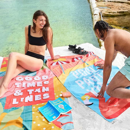 Dock & Bay Beach Towel - Quick Dry, Sand Free - Compact, Lightweight - 100% Recycled - Includes Bag - Good Times & Tan Lines - Extra Large (200x90cm, 78x35)