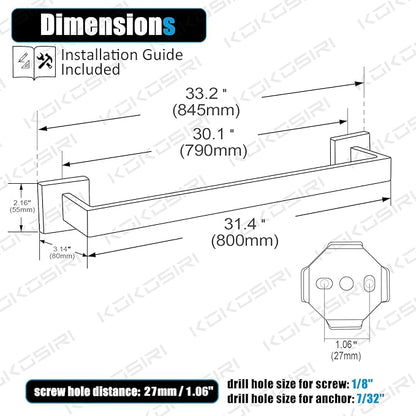 KOKOSIRI 32-Inch Single Towel Bar, Bathroom Kitchen Towel Holder, Wall Mounted T-304 Stainless Steel Towel Rack 2 Pack, Brushed Nickel, B4003BR-L32-P2