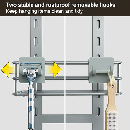 Orimade Adjustable Anti-slip Shower Caddy Overhead, Rustproof Hanging Shower Organizer With 2 Razor Hooks - No Drilling, 3-Tier Shelves, Silver Grey