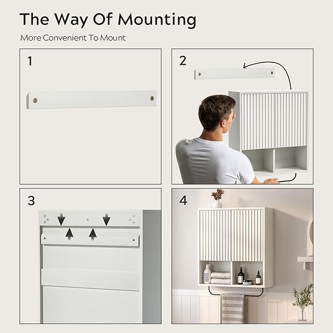 Fluted Wall Cabinet Set of 2, Wooden Bathroom Medicine Cabinet Storage with 2 Doors, Adjustable Shelf and Towels Bar, Modern Wall Mount Large Floating Cabinet for Kitchen White
