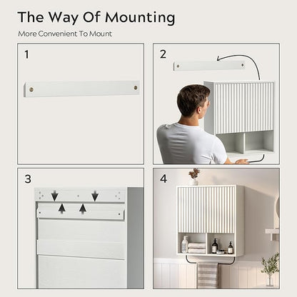 Fluted Wall Cabinet Set of 2, Wooden Bathroom Medicine Cabinet Storage with 2 Doors, Adjustable Shelf and Towels Bar, Modern Wall Mount Large Floating Cabinet for Kitchen White
