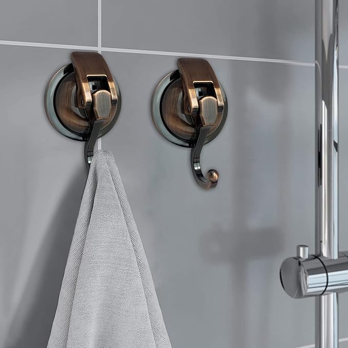 Heavy Duty Vacuum Suction Shower Hooks, Glass Suction Cup, for Bathroom Robe and Garland Decoration (2 Pack, Antique Brass)