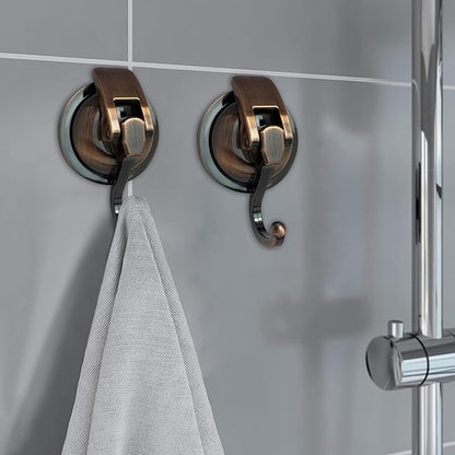 Heavy Duty Vacuum Suction Shower Hooks - Glass Suction Cup Hooks, Bathroom Robe Hooks - Reusable, No Hole Punched - Antique Brass, 4 Pack