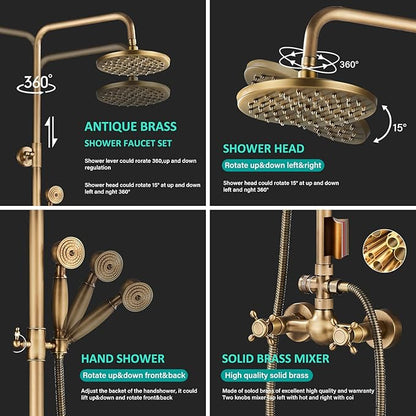 NeierThodore Antique Brass Bathroom Shower Faucet System Set 8 Inch Rainfall Shower Head Handheld Spray 2 Knobs Mixing