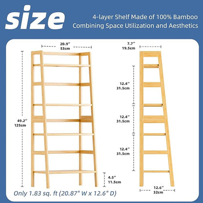 HITNET Ladder Shelf, 4-Tier Bookshelf, Bamboo Leaning Bookcase, Display Storage Rack Organizer, Freestanding Flower Plant Stand for Living Room, Home Office, Kitchen, Natural