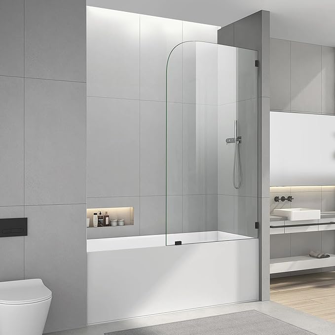 Bathtub Shower Glass Door 34 * 58 Inch, Bathroom Frameless Fixed Shower Door with 3PCS Clamps, 1/4"(6MM) Thick Clear Tempered Glass Door with Round Corner, Matte Black
