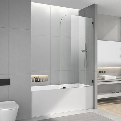 Bathtub Shower Glass Door 34 * 58 Inch, Bathroom Frameless Fixed Shower Door with 3PCS Clamps, 1/4"(6MM) Thick Clear Tempered Glass Door with Round Corner, Matte Black