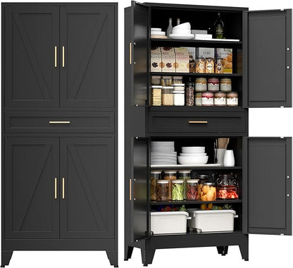 COFaR 71" Tall Metal Storage Cabinet with 4 Doors and 4 Adjustable Shelves, 6-Tier Farmhouse Storage Cabinet with Drawers and Legs, for Office, Home, Garage, Gym, School, Living Room, Hallway（Black）