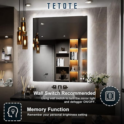 TETOTE 30x36 Inch LED Backlit Bathroom Mirror with Lights,Anti-Fog,Dimmable Lighted Mirror(Horizontal/Vertical) Wall Mounted Vanity Mordern Mirror