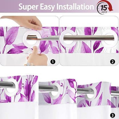 No Hook Shower Curtain and Liner Set, Purple Eucalyptus Floral Shower Curtains for Bathroom, Bath Curtain Sets with Snap in Liner, Waterproof with See Through Top Window, 71x84 Inches