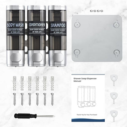 Shampoo and Conditioner Dispenser,GlintGath Shower Dispenser 3 Chamber No Drill Shampoo Dispenser for Shower Wall Mounted Shower Soap Dispenser for Bathroom Hotel,3 * 300ML,Silver