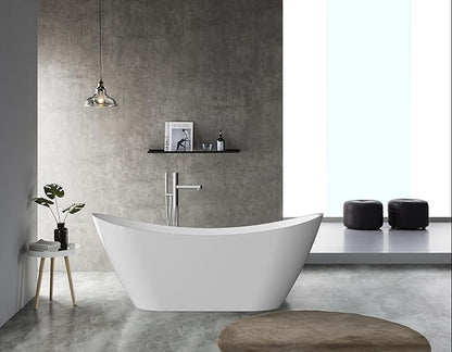 67'' Freestanding Bathtub, Acrylic, Deep Soaking Tub with Non-Slip Surface, Modern Free Standing Bath Tub, Chrome Drain, cUPC Certified, Easy Install, Space-Saving Bathtub for Bathrooms, White