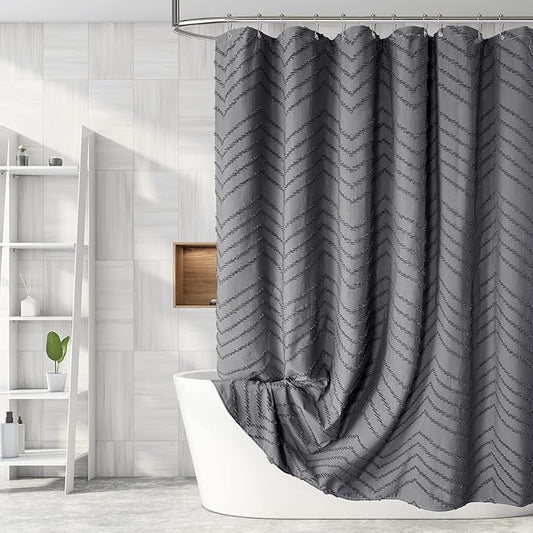 Extra Long Grey Boho Shower Curtain 84 Inch Grey Tufted Chevron Striped Fabric Shower Curtains for Bathroom Modern Shabby Chic Waterproof Cloth Shower Curtain Set with Hooks