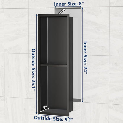 Stainless Steel Shower Niche 24" X 8", No-Tile Needed Wall Niche Double Shelves, Recessed Shower Storage, Matte Black