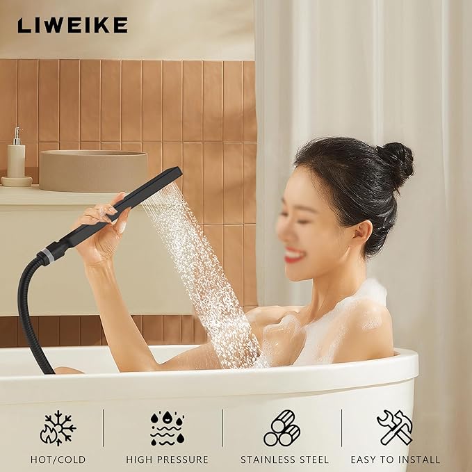 LIWEIKE Black Roman Tub Faucet with Sprayer, Deck Mount Roman Bathtub Faucet Set with Hand Shower for 3 Holes Single Handle Waterfall Tub Filler, Matte Black