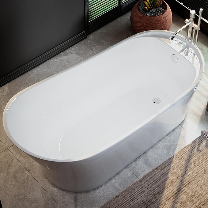 Empava Freestanding Bathtub, 67" Soaking Tub with End Drain & Overflow – Acrylic Tub, Non-Slip Flat Bottom, Glossy White, cUPC Certified