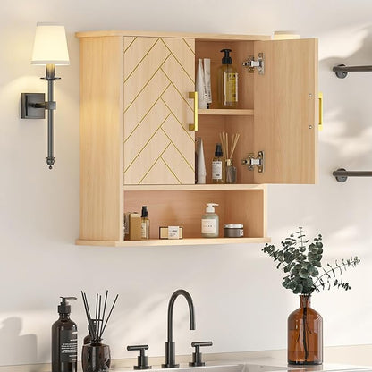 Natural Chevron Pattern Bathroom Wall Mount Cabinet, Gold Accent Hanging Medicine Cabinet with Open Shelf, Over The Toilet Storage Organizer for Home (23 5/8" x 22 7/8" x 15 3/4")