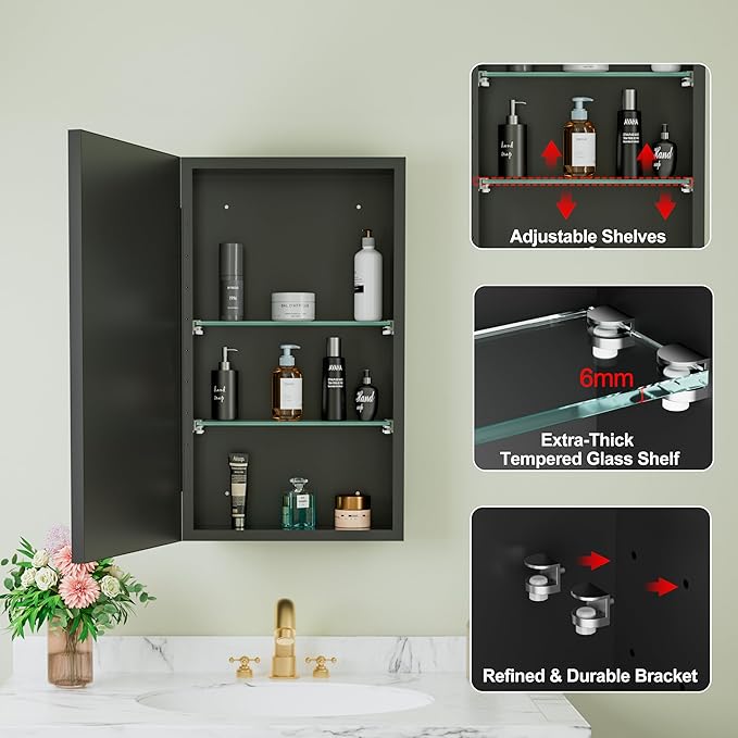 Buruis 14"x 24" Framed Medicine Cabinet with Mirror, Recessed or Wall Mounted Bathroom Cabinet, Adjustable Tempered Glass Shelves, Left/Right Open Reversible, No Assembly Required, Black