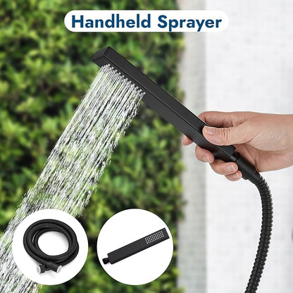 Wall Mounted Outdoor Shower System Matte Black 6" Square Rainfall Shower head with Hand Held Spray Double Cross Handles with Adjustable Slide Bar Two Function Exposed Shower Kit