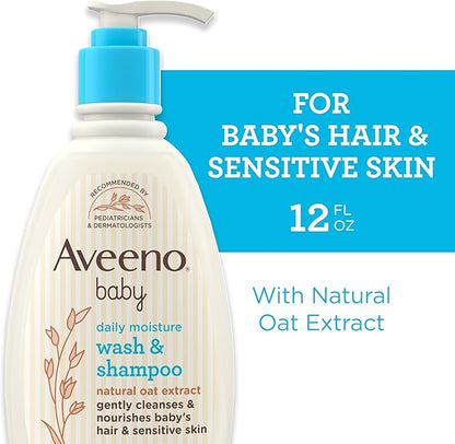 Aveeno Baby Daily Moisture Gentle Body Wash & Shampoo with Oat Extract, 2-in-1 Baby Bath Wash & Hair Shampoo, Tear- & Paraben-Free for Hair & Sensitive Skin, Lightly Scented, 12 fl. oz