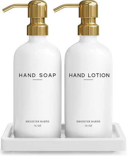 Luxury Glass Soap and Lotion Dispenser Set with Tray by Brighter Barns - Hand Soap Dispenser Bathroom Set & Stainless Steel Pump for Home or Airbnb - White and Gold Bathroom Accessories & Decor (Gold)