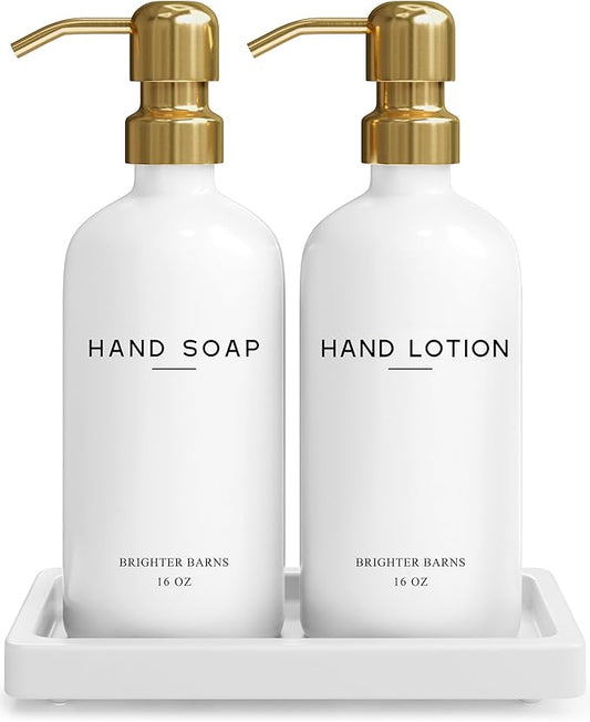 Luxury Glass Soap and Lotion Dispenser Set with Tray by Brighter Barns - Hand Soap Dispenser Bathroom Set & Stainless Steel Pump for Home or Airbnb - White and Gold Bathroom Accessories & Decor (Gold)