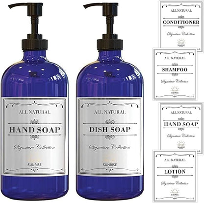 16 OZ Cobalt Blue Glass Soap Dispenser with Plastic Pump 2 Pack, Hand and Dish Soap Dispenser Set for Bathroom and Kitchen Sink with 6 Waterproof Labels