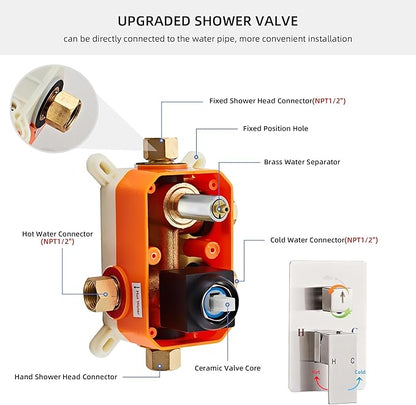 Shower Faucet Set, Rainfall Shower System Complete Wall Mounted for Bathroom with 12 Inch Shower Head and Handheld Rain Mixer Combo Kit with Shower Valve and Shower Trim, Brushed Nickel