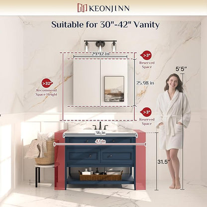 Keonjinn 30 x 26 Inch Bathroom Medicine Cabinet with Mirror, Assembly Required, Combined Double Doors Wall Cabinets, Flexiable Ample Storage, Recessed or Surface Mount, Soft Closing