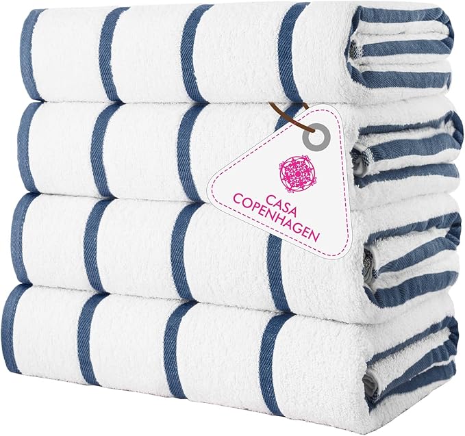 CASA COPENHAGEN Cabana Beach Towel Designed in Denmark Rough and Tough, Quick Dry, Pool, Bath & Shower 30x60 inches 4 Pieces Cotton Beach Bath Towels Set - White Navy Stripe