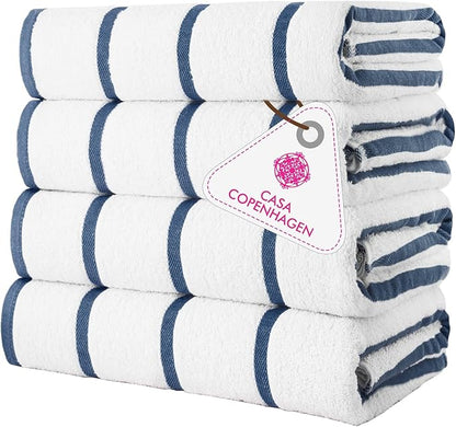 CASA COPENHAGEN Cabana Beach Towel Designed in Denmark Rough and Tough, Quick Dry, Pool, Bath & Shower 30x60 inches 4 Pieces Cotton Beach Bath Towels Set - White Navy Stripe
