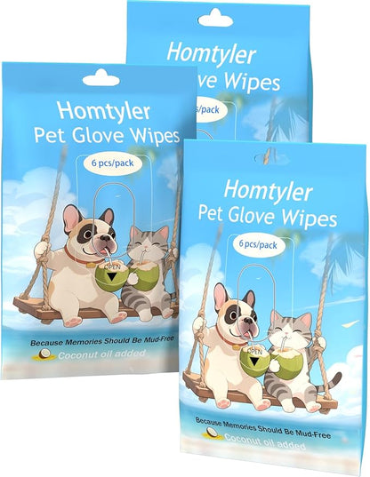 Dog Wipes Cleaning Deodorizing & Washing Gloves for Pets,Glove Wipes Pro for Dogs & Cats with Coconut Oil, Extra-Thick,Lick-Safe for Paws,Eyes,Ears&Body,Rinse-Free Waterless Bath, 3Pack,18PCS