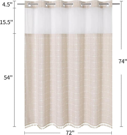 MitoVilla No Hooks Required Farmhouse Shower Curtain with Snap-in Liner - with Window & Magnets, Boho Cotton Linen Fabric Shower Curtains with Tassels for Rustic Bathroom Decor, Beige/Cream, 72 x 74