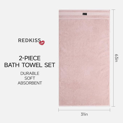 REDKISS 2 Pack Large Bath Towels Set, 100% Cotton, 31x63 in, Heavyweight 760G, Highly Absorbent & Quick Dry, Super Soft Luxury Towels for Bathroom,Hotel Collection - Pink
