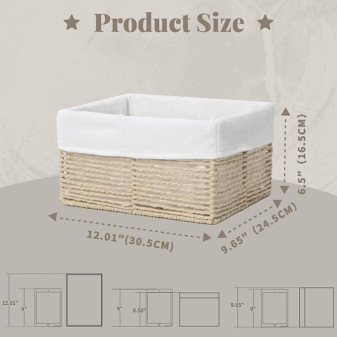 GYASVWU Hand-Woven Paper Rope Storage Baskets,Rectangular Wicker Baskets for Organizing,Decorative Woven Basket for Storage,Shelf Basket for Living Room,Storage Baskets for Pantry (Beige - Large)