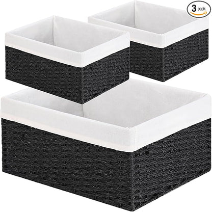Vagusicc Storage Basket, 3-Pack Woven Paper Rope Wicker Baskets for Storage with Handles, 15 Inches Large Cube Storage Bins Woven Storage Baskets with Liners for Shelves Organizing & Decor, Black