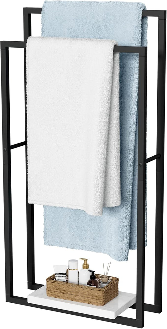 KES Standing Towel Racks for Bathroom with Heavy Marble Base, 38" H Towel Rack Stand for Bathroom 2-Tier, Blanket Rack for Bathroom Floor, Matte Black, BTH501-BK